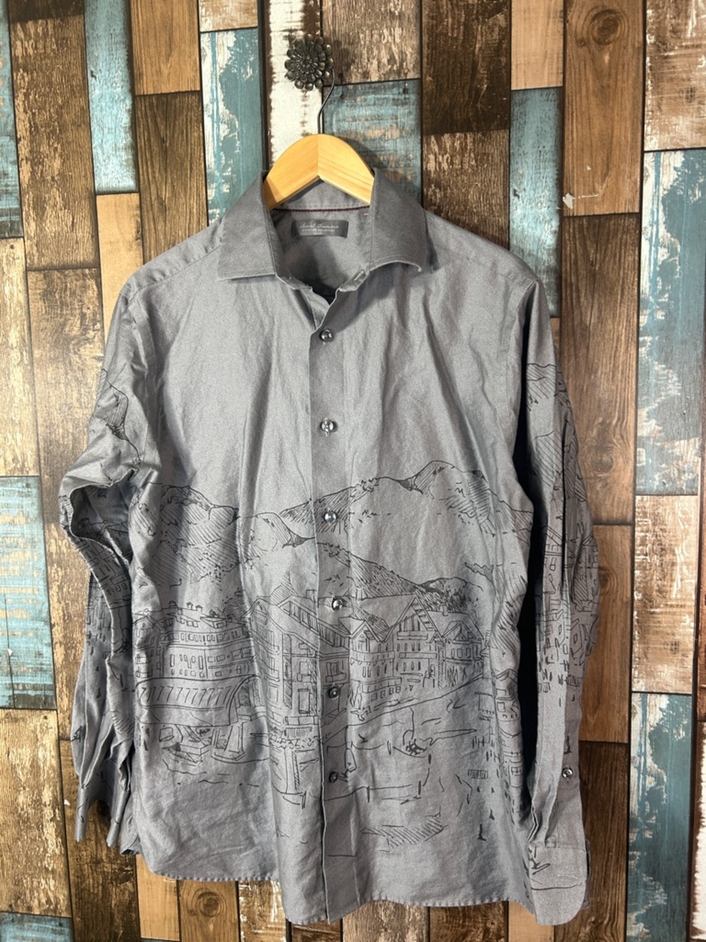 Daniel Cremieux Gray Button-Up Shirt with town print